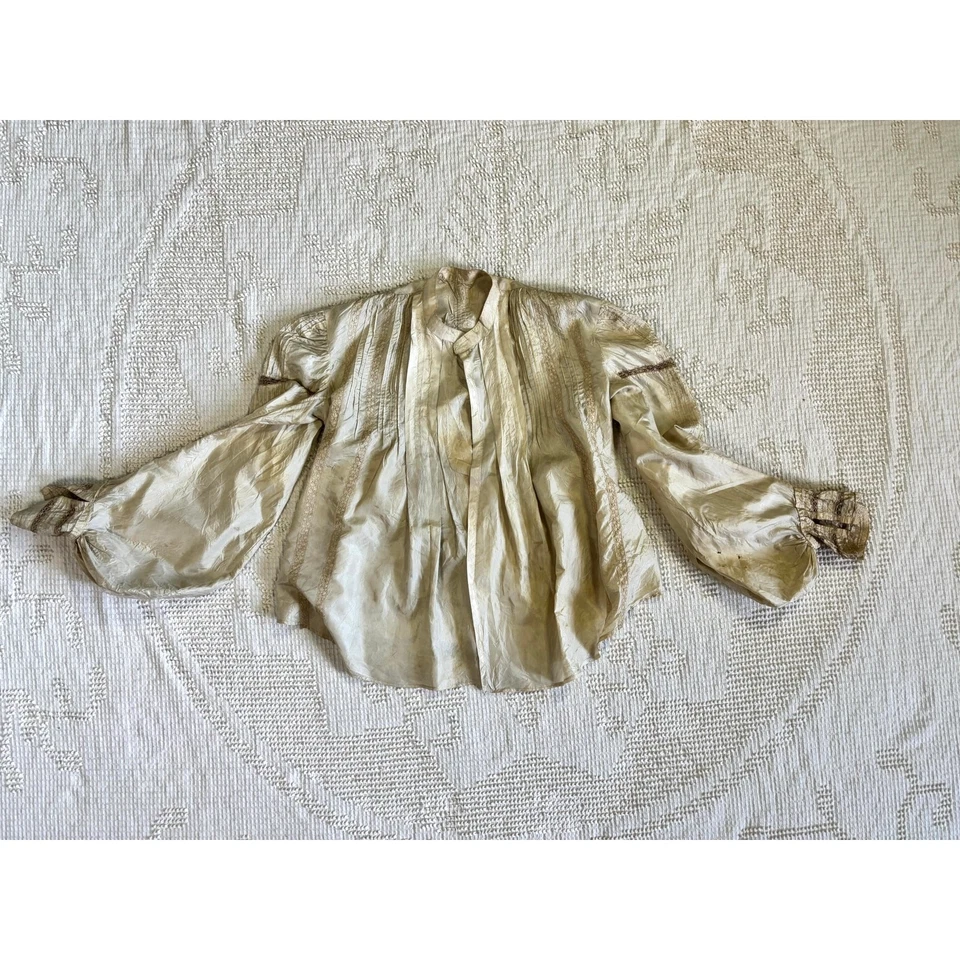 Старинная викторианская шелковая блузка экрю с кружевными складками объемные рукава как есть - Изображение 1 из 4