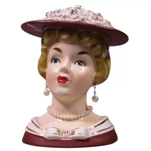 Relpo Frauenkopf Vase K1053 blonde Haare blaue Augen Perlen Ohrringe Halskette weinrot - Bild 1 von 8
