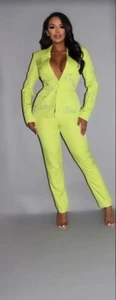 2 Piece Powersuit Blazer & Pants Set With Rhinestone Letterings On Blazer Yellow - Picture 1 of 1