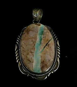 Native American Navajo Sterling Silver & Ribbon Turquoise Signed Pendant  - Picture 1 of 12