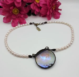 Pink Freshwater Pearl Dichroic Glass Pendant Necklace Brass Tone Boho 22" Adj. - Picture 1 of 13