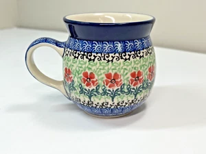 Boleslawiec Polish Pottery Bubble Mug 8oz Blue Green Vines Red Flower Maraschino - Picture 1 of 8