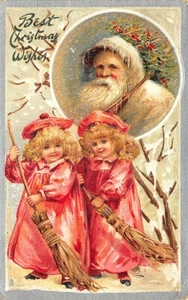 Tuck Best Christmas Wishes Children Brown Suited Santa Two Girls Postcard - Picture 1 of 2