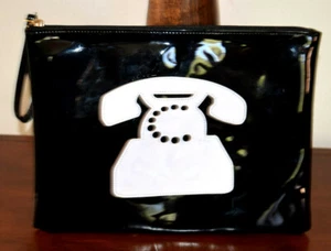LOLO BLACK PATENT WITH WHITE PHONE APPLIQUE DESIGN CLUTCH - Picture 1 of 12