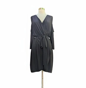 VENUS Dress Black Jersey Belt Faux Wrap Cold Shoulder Tulip Hem XL - Picture 1 of 9