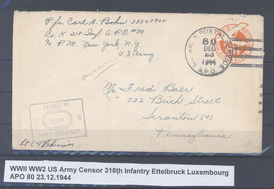 Dt. Feldpost 2. WK, US Cover 23.12.1944 Luxemburg APO 80 in die USA (9901) - Bild 1 von 1