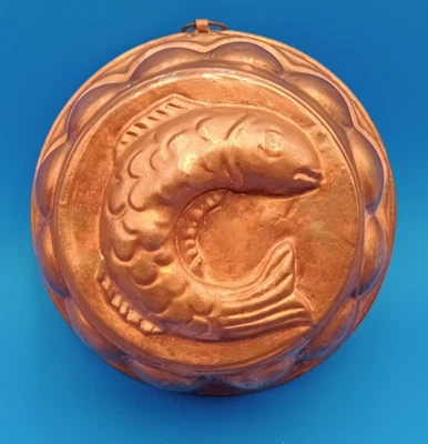 Molde de gelatina de pastel koi pescado chapado en cobre forrado de hojalata vintage cocina granja Foto 1 de 4