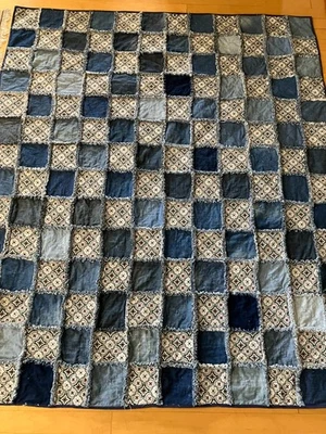 VTG Denim Jean Patchwork Rag Quilt , Reversible with flannel batting 66 " X 74" - Image 1 of 3