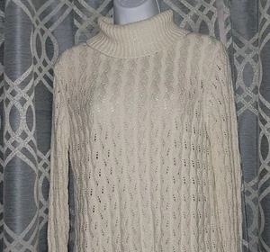 Charter Club Sz L Ivory Silver Long Sleeve Turtleneck Open Knit Sweater EUC  - Bild 1 von 5