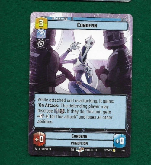 STAR WARS UNLIMITED SECRETS OF POWER RARE HYPERSPACE #302 CONDEMN - Image 1 of 1