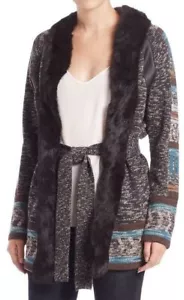 $ 895 NEU MIT ETIKETT HAUTE HIPPIE Gr. M PELZKRAGEN WOLLE CARDIGAN MANTEL MIT STREIFEN LEDER MULTI - Bild 1 von 3