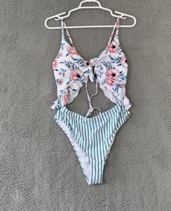 Damen XL gestreifter Blumenmuster Ausschnitt Rüsche hoch tailliert einteiliger Badeanzug - Bild 1 von 10