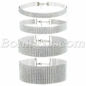 4pcs Womens Shiny Bling Full Rhinestone Choker Collar Necklace Set Wedding Party - Picture 1 of 5