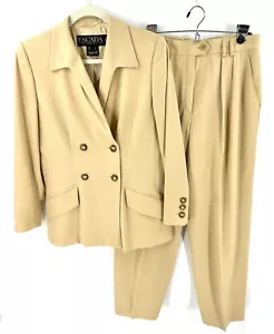 Vtg Escada 100% Wool Double Breasted Blazer Pants Suit Set Womens 10 Tan - Picture 1 of 12