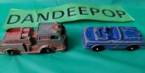 2 Piece Vintage Tootsie Toy Diecast Vehicles Blue Mercedes Car + Red Fire Truck