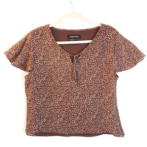 Cynthia Howie Maggie Boutique Top Sz 12/L Brown Beige Ditzy Floral 100% Silk EUC - Picture 1 of 11