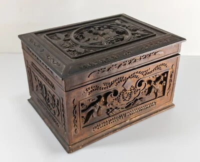 Antique Vintage Chinese Export Carved Boxwood Tea Caddy High Relief - Image 1 of 4