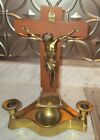 Vintage Brass Alter Crucifix with Candle Holders & Holy Water Font - W. Germany