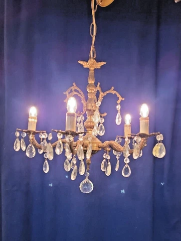 Vintage Petite Spanish Ornate Brass Crystal 5 Light 1940s Chandelier 16w x 15t Cover