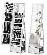  360° Swivel Jewelry Cabinet with Lights, Touch Screen Vanity Mirror, White