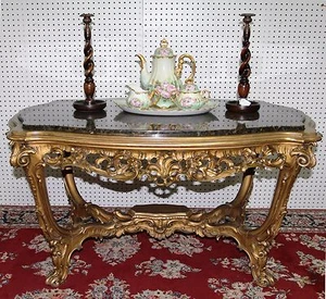 French Antique Carved Louis XV Gold Gilt Coffee Center Table Granite Top C1860 - Picture 1 of 12