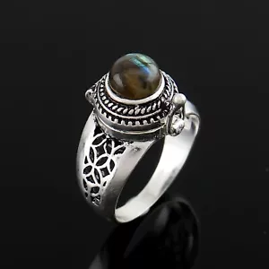Natural Labradorite Handmade Poison Ring, 925 Sterling Silver Jewelry, Box Ring. - Picture 1 of 3