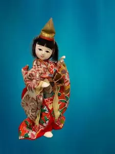 Japan Vtg Gofun Geisha Doll with Hand Drum, 6", Real Hair, Display Stand, 1940's - Picture 1 of 9