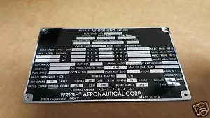 Wright Whirlwind Aircraft Engine data plate acid etched aluminum - Picture 1 of 2