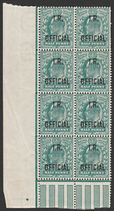 1902 SGO20 1/2d BLUE GREEN I.R. OFFICIAL OVERPRINT UNMOUNTED CORNER BLOCK OF 8