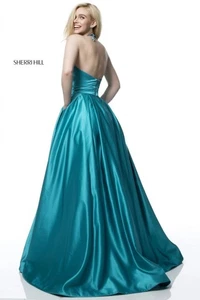 Sherri Hill 51729 Turquoise Pageant Prom Gala Satin Ball Gown Dress sz 14 NWT - Foto 1 di 4