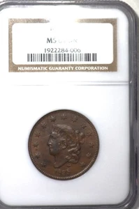 1835 Coronet Head Large Cent Large 8 & Large Stars NGC graded MS 61 BN - Picture 1 of 4
