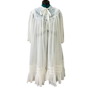 Vintage Ivory Sheer Lace Trimmed Babydoll Robe & Nightgown Set Peignoir Large - Picture 1 of 12