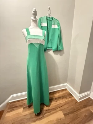 Maxi vestido y chaqueta vintage años 70 hechos a mano verde bloques de colores manga campana S Foto 1 de 4