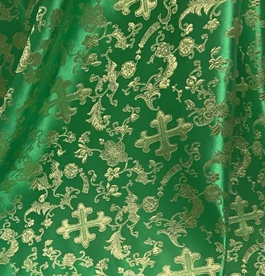 Kelly Green Gold Metallic Church Cross Brocade Fabric 60” Width Sold By The Yard - Image 1 of 4