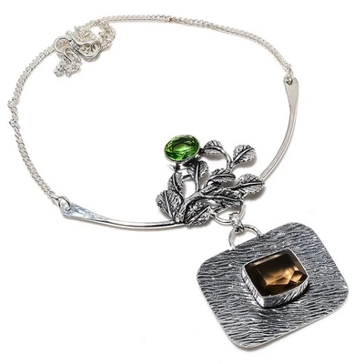 Smoky Topaz, Peridot Gemstone Handmade 925 Sterling Silver Jewelry Necklace 18" - Image 1 of 4