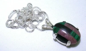 18x13 Oval Rhodonit Malachit Onyx Intarsien Cab Sterling Anhänger 18" Box Kette  - Bild 1 von 1