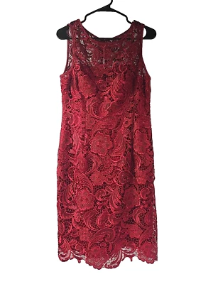 ADRIANNA PAPELL Womens Dress Red Illusion Neck Sheath Lace Lined Size 10 - Image 1 of 4