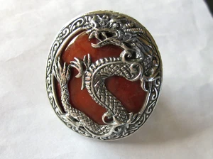 Anillo de plata dragón y jade natural / tamaño 7 / plata de ley 925 / 53,1 quilates - Imagen 1 de 6