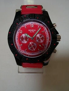 MEN'S BLACK, SILVER, RED SILICONE BAND FASHION DRESSY CASUAL HIP HOP WATCH - Picture 1 of 7