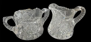 Vintage Crystal Creamer and Open Sugar Bowl Set Sawtooth Edge Lines Star Heavy - Picture 1 of 12
