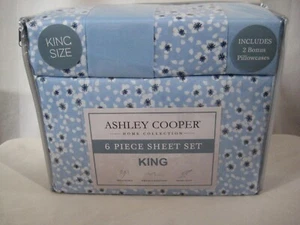 Ashley Cooper Blue Floral King 6 Piece Sheet Set 100% Microfiber 4 Pillowcases - Picture 1 of 5
