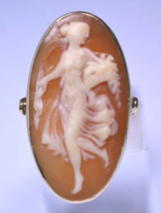 ANTIQUE VICTORIAN 14K YELLOW GOLD LONG SHELL CAMEO RING W/ WOMAN IN SHEER DRESS - Picture 1 of 6