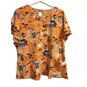 Halloween Dickies Scrubs Top 2 XL Trick Or Treat Ghost Nurse Bats Witches Brew - Picture 1 of 4