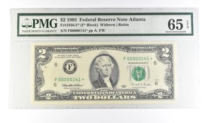 1995 $2 Atlanta GA FRN Fr#1936-F* Star Error Gem Unc 65 EPQ PMG Low Serial *5463 - Image 1 of 3