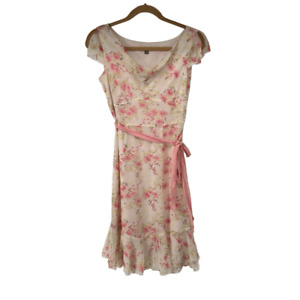 Vintage Ann Taylor Cream Pink Floral Scoop Neck Ruffle Hem Silk Dress Women 2P