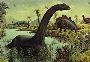 1977 CT Peabody Museum Stegosaurus Brontosaurus dinosaurio mural postal 4x6 C45 - Imagen 1 de 2