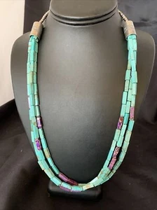 Navajo blau Türkis Jaspis 3 Stränge Sterlingsilber Perlen Halskette 24" 12512 - Bild 1 von 12