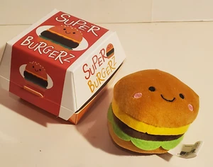 ADORABLE PLUSH SUPER BURGERZ HAMBURGER FAKE FOOD SMILING FACE IN BOX TOY - Picture 1 of 4