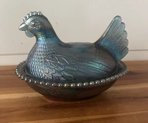 Vintage Indiana Glas blau irisierend Karneval Henne auf Nest NEUWERTIG! - Bild 1 von 17