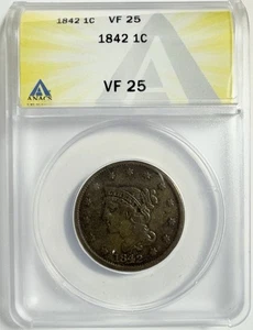 1842 1c Braided Hair Large Cent - ANACS VF 25 - Fresh Grade/New Holder - Picture 1 of 4
